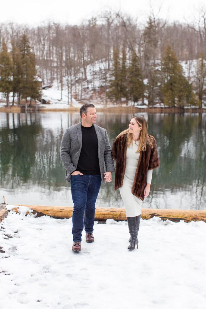 Snowy Engagement Session at Green Lakes State Park with classy couple.
